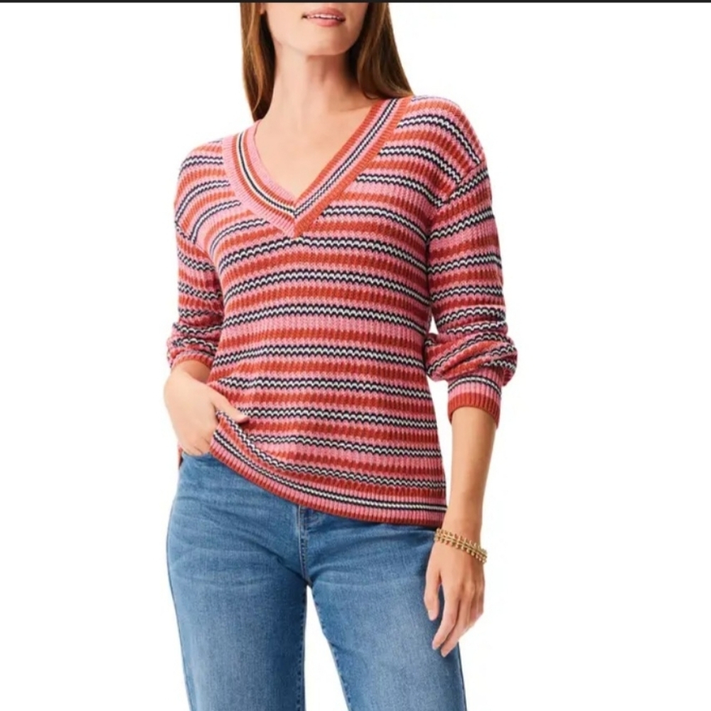 Nic+Zoe V-Neck Striped Pink Multi Knit Sweater, NWOT